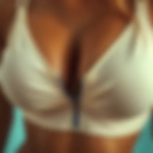 Close-up view of a zip front bikini top showcasing intricate stitching and fabric texture.