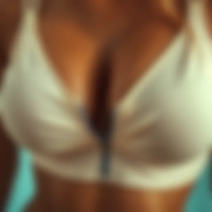 Close-up view of a zip front bikini top showcasing intricate stitching and fabric texture.