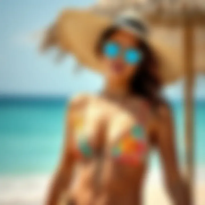 Model wearing a zip front bikini top with beach accessories, illustrating a fashionable summer look.