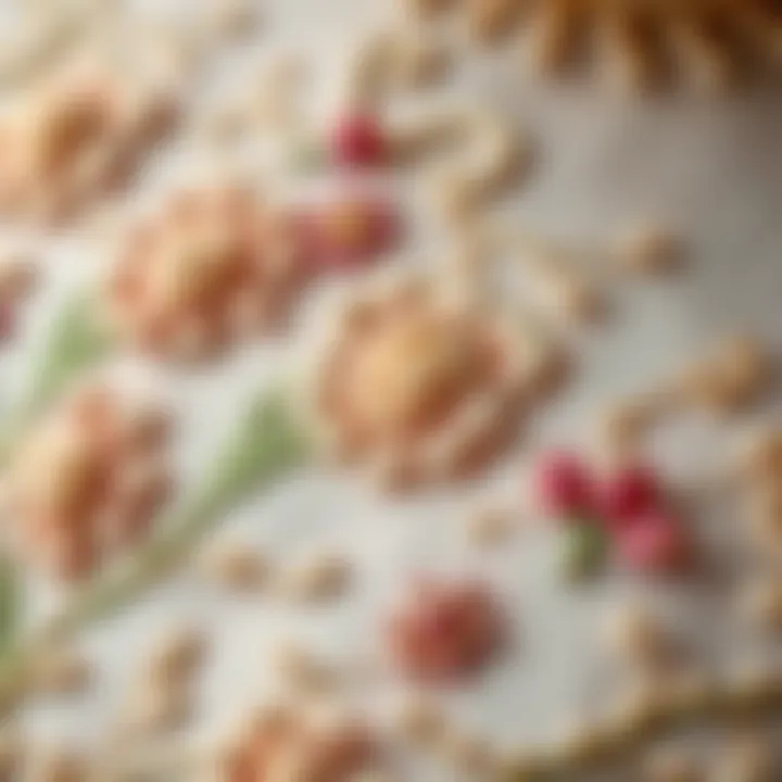 Close-up of embroidery techniques used in floral designs.