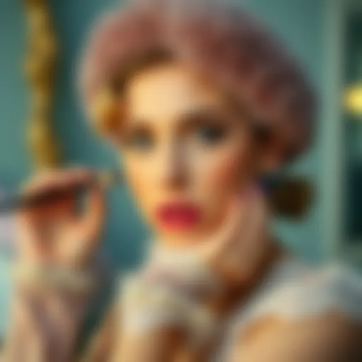 Stylish individual wearing a fluffy headband while applying makeup