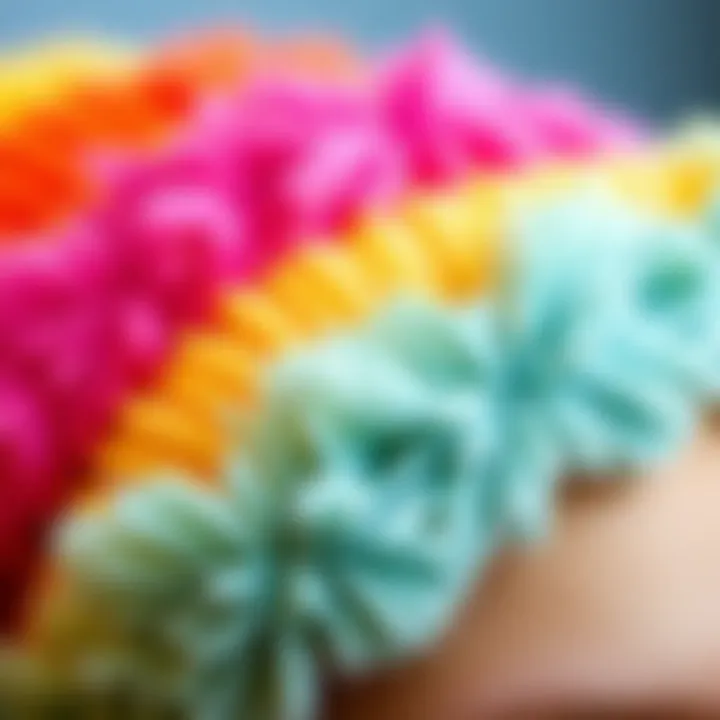 Close-up of a plush makeup headband in vibrant colors showcasing its texture