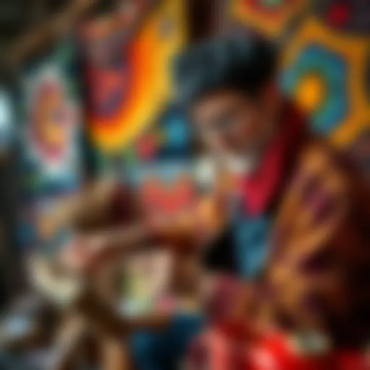 An artist at work creating a colorful funny tapestry