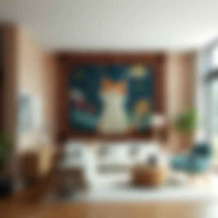 A modern interior featuring a funny tapestry as a focal point