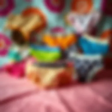 An artistic arrangement of various styles of funny underwear against a colorful backdrop