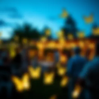 Guests enjoying a garden party illuminated by solar butterfly decor