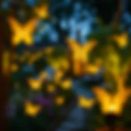 Elegant garden adorned with solar butterfly lights at dusk