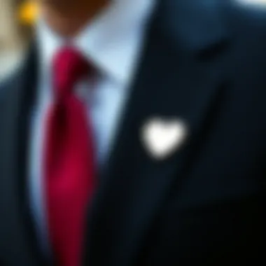 Heart shaped lapel pin worn on a tailored suit jacket