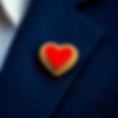 Close-up of a heart shaped lapel pin symbolizing solidarity