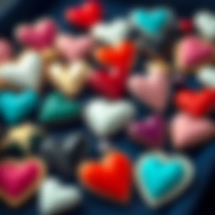 Collection of heart shaped lapel pins in various colors and styles