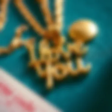 Close-up view of a vintage I Love You necklace made of gold