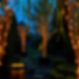 A serene garden illuminated by LED willow branch lights at dusk