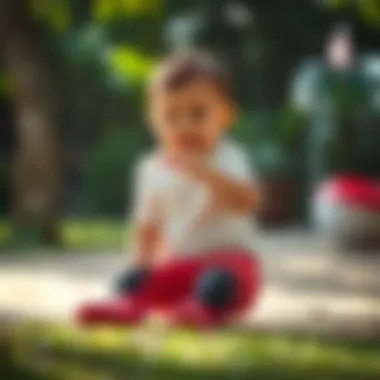 Infant engaging in play while wearing knee pad pants