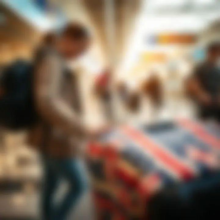 Traveler identifying luggage with personalized cover at airport