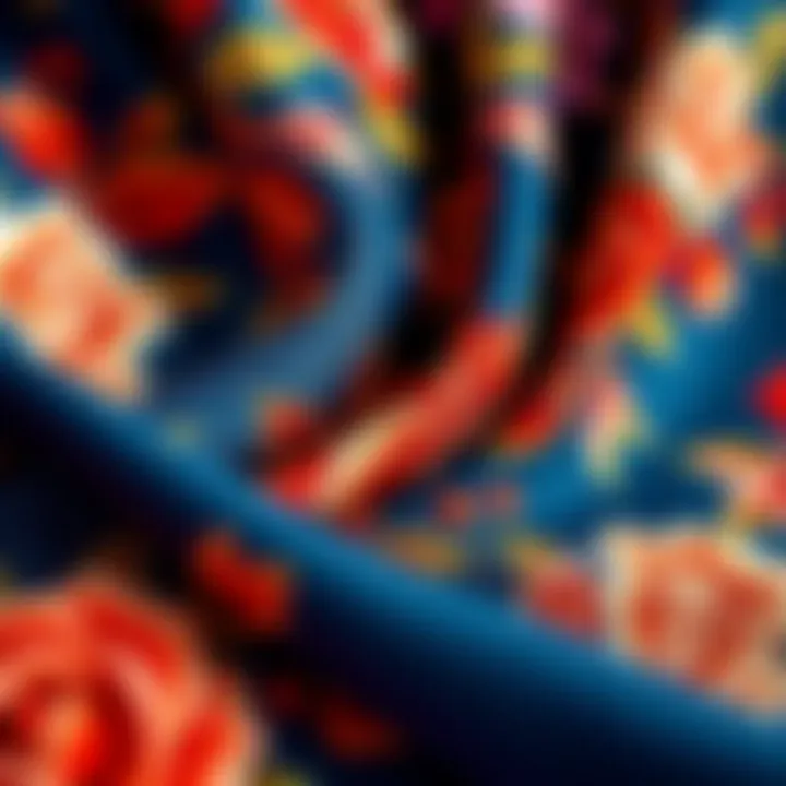 A variety of luxurious fabrics used in floral evening gowns.