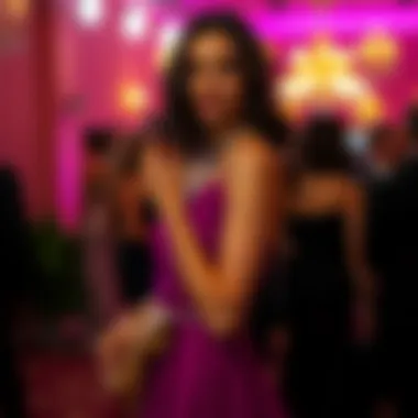 Model showcasing styling options for a magenta gown at a gala