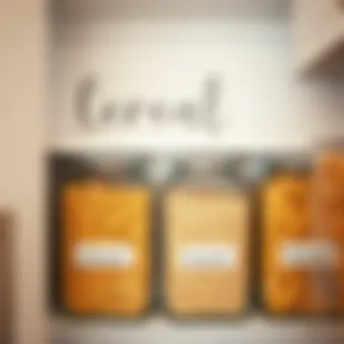A neatly organized pantry showcasing labeled cereal containers