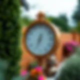 Stylish outdoor wall thermometer against a garden backdrop