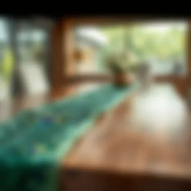 Elegant peacock table runner draped over a richly textured dining table