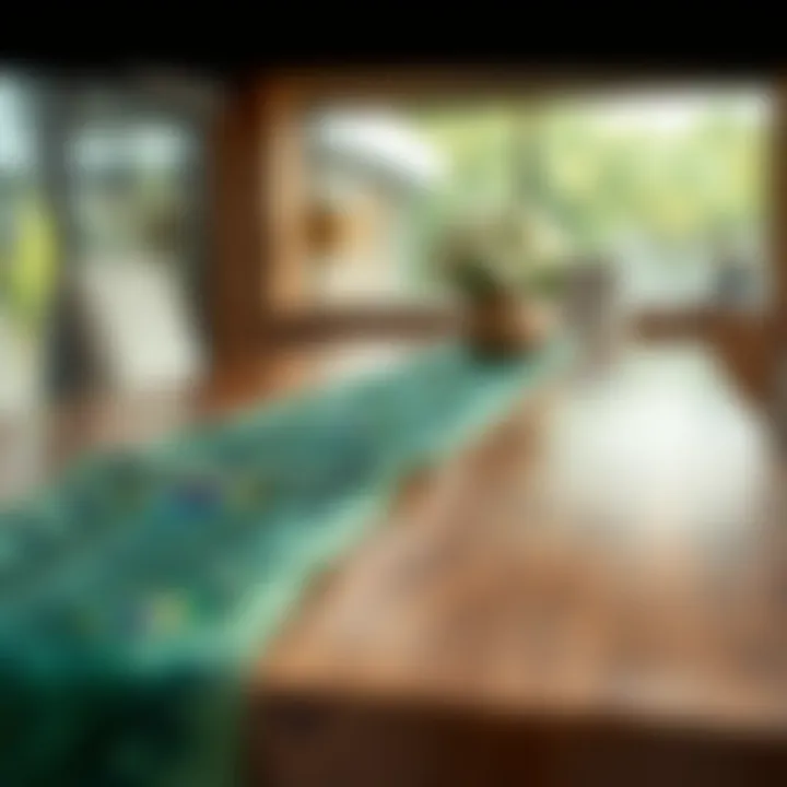 Elegant peacock table runner draped over a richly textured dining table