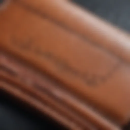 Close-up of a beautifully crafted leather card holder showcasing intricate stitching