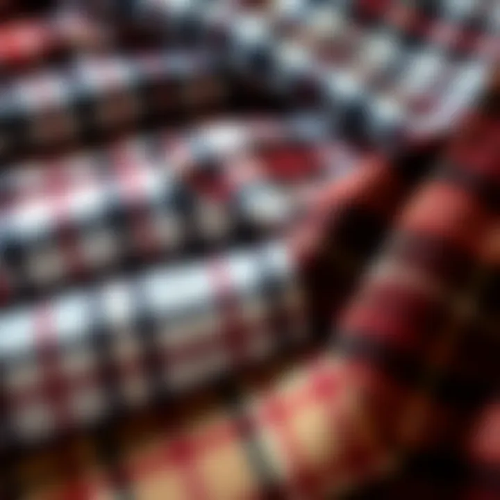 A close-up of various fabric swatches used for plaid suspender pants