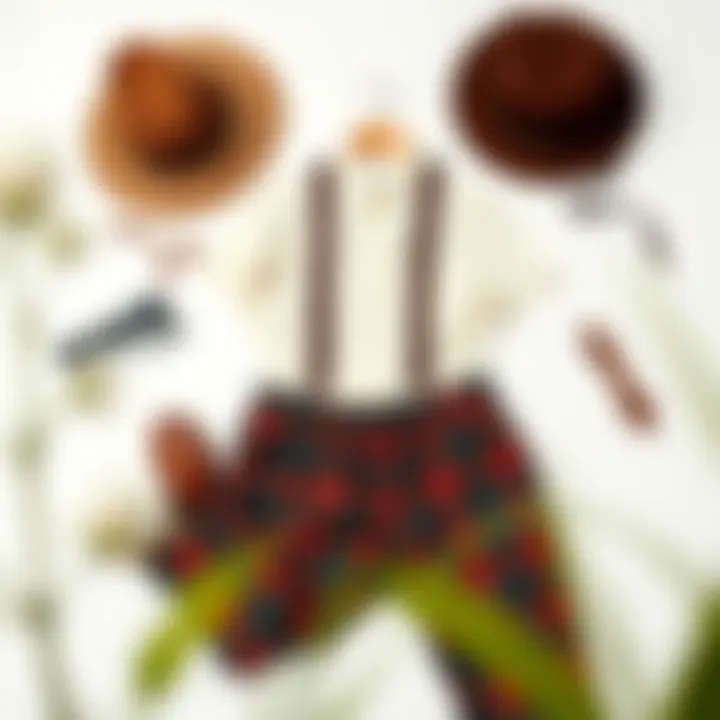 A stylish flat lay of plaid suspender pants alongside matching accessories