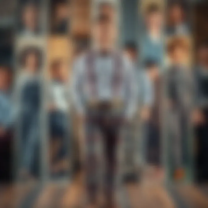 A collage depicting the evolution of plaid suspender pants through various eras