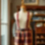 Elegant plaid suspender pants displayed on a vintage wooden mannequin