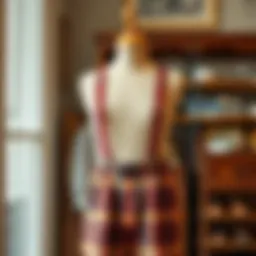Elegant plaid suspender pants displayed on a vintage wooden mannequin