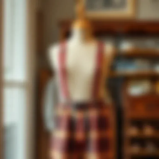 Elegant plaid suspender pants displayed on a vintage wooden mannequin