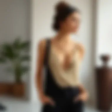 Elegant plunging v neck bodysuit styled with high-waisted trousers