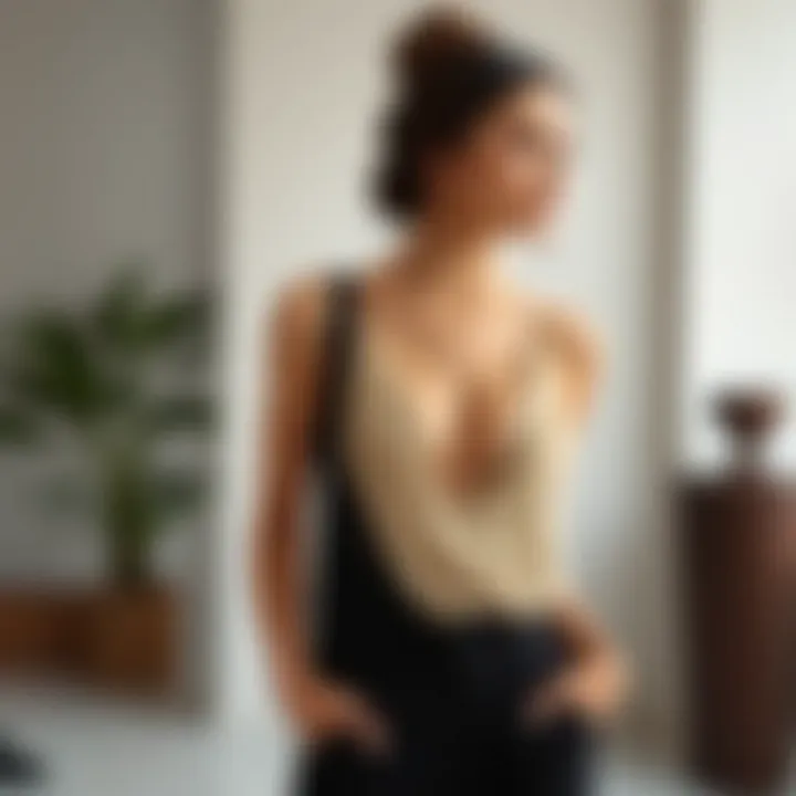 Elegant plunging v neck bodysuit styled with high-waisted trousers