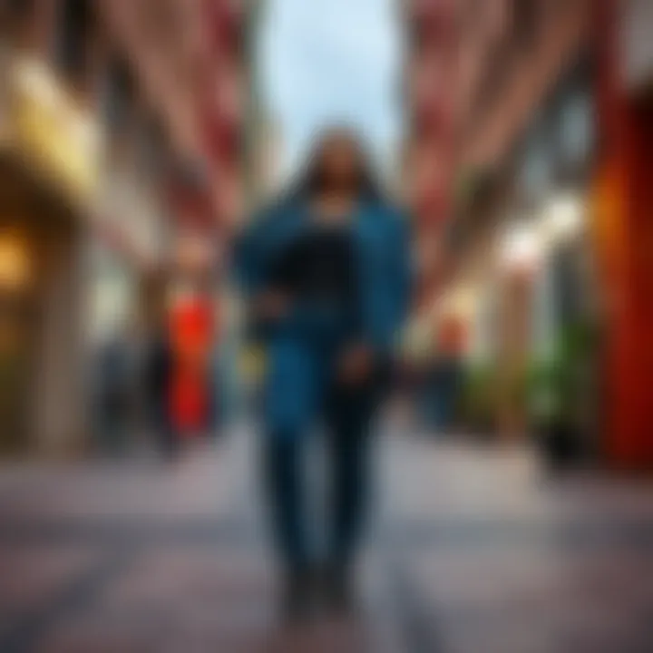 Stylish Plus Size Denim in Urban Vibes A model elegantly showcasing various styles of plus size denim pants in a vibrant urban setting.