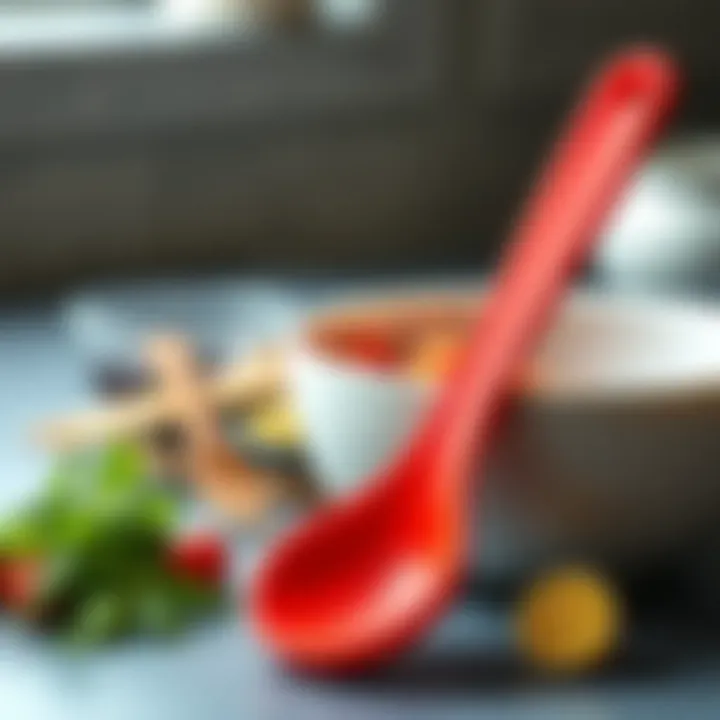 Stylish red silicone ladle placed beside a colorful bowl of ingredients