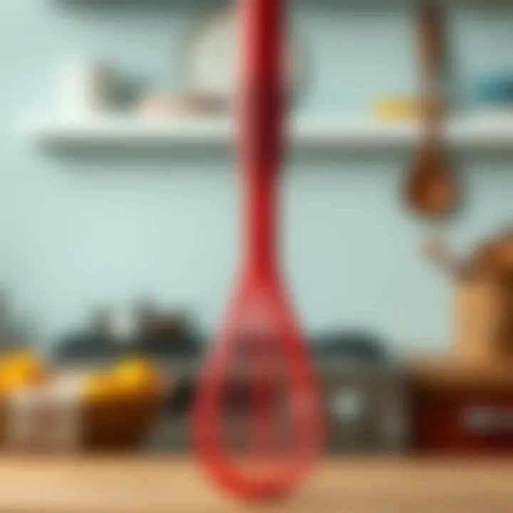 Close-up of textured red silicone whisk with a blurred kitchen background