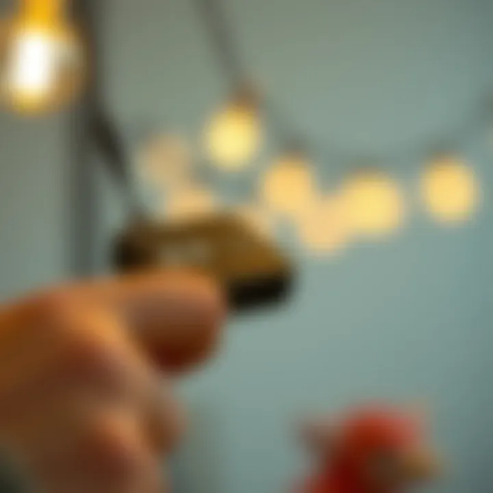 Close-up of remote control used to operate battery string lights.