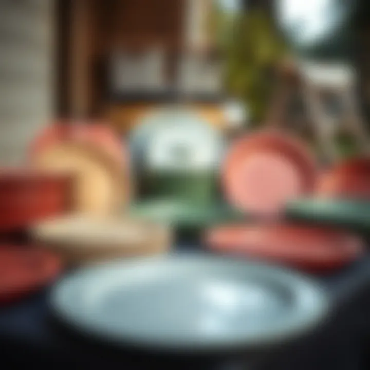 Variety of reusable camping plates displayed outdoors