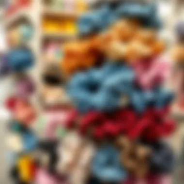 Colorful fabric scrunchies organized on a tiered display stand