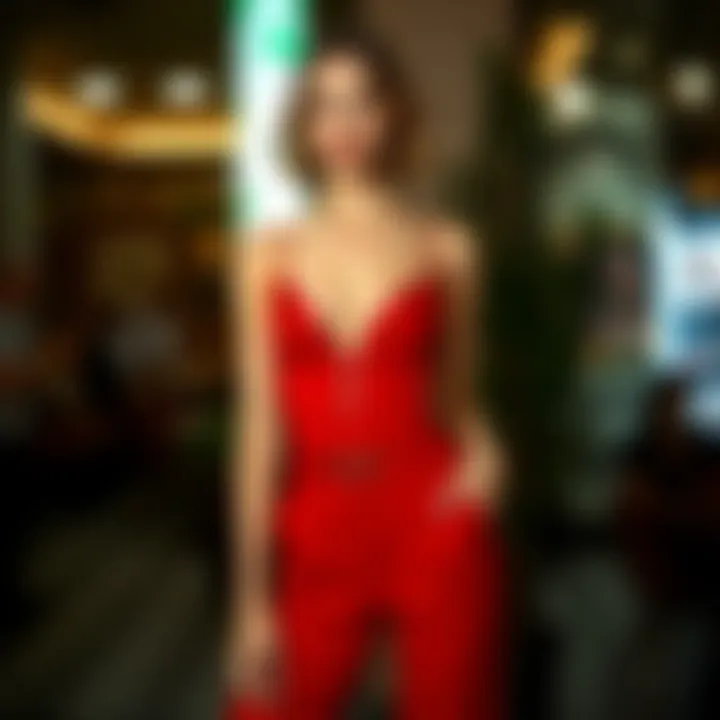 An elegant model styled in a red bodysuit paired with high-waisted trousers