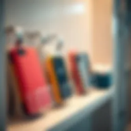A variety of shower phone case holders displayed on a bathroom shelf