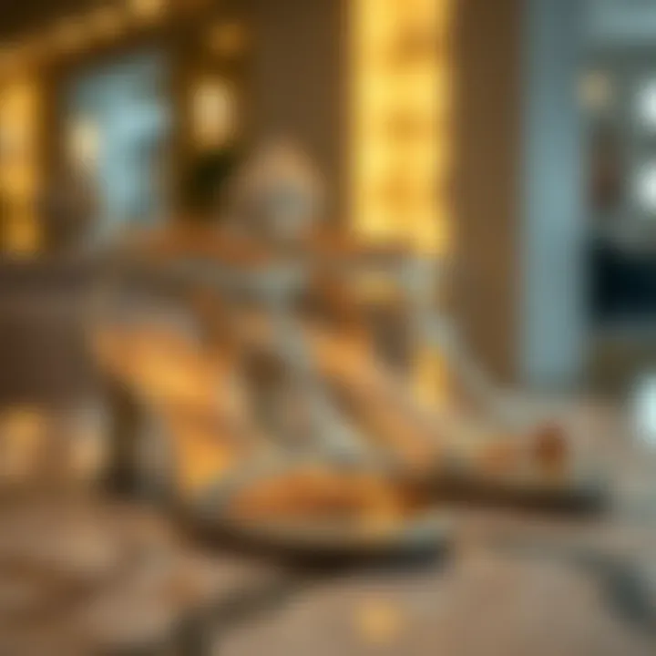 Chic Display of Silver Sandals Elegant silver sandals showcased on a stylish surface