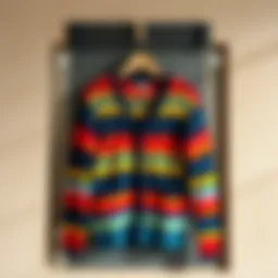 A vibrant striped knit cardigan displayed on a wooden hanger against a textured wall