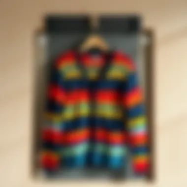 A vibrant striped knit cardigan displayed on a wooden hanger against a textured wall