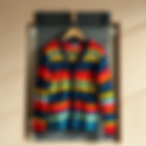 A vibrant striped knit cardigan displayed on a wooden hanger against a textured wall