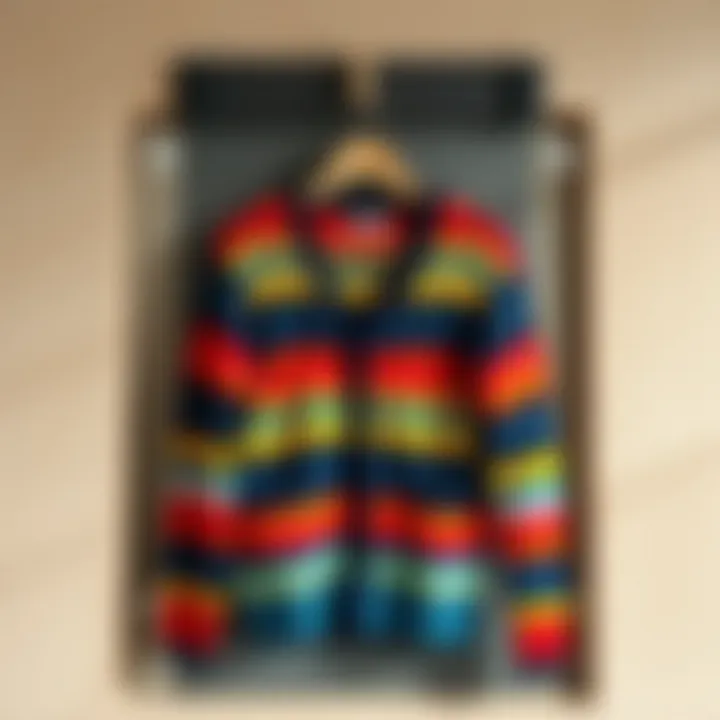 A vibrant striped knit cardigan displayed on a wooden hanger against a textured wall