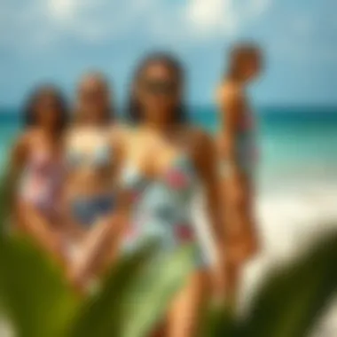 A selection of bright floral swimsuits styled for different body types.