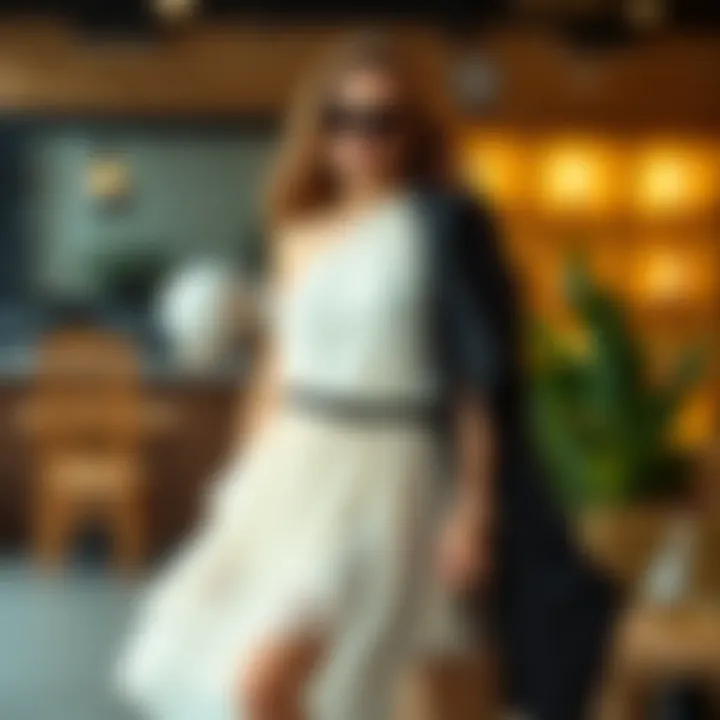 Stylish outfit pairing an asymmetrical chiffon dress with trendy accessories.