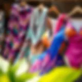 Elegant display of vibrant sarongs draped next to stylish swimsuits