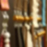 A close-up view of various tapestry wall hanging clips arranged elegantly.